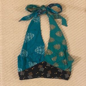 NWOT Advance Apparels Teal & Navy Cropped Halter Top, Size OS